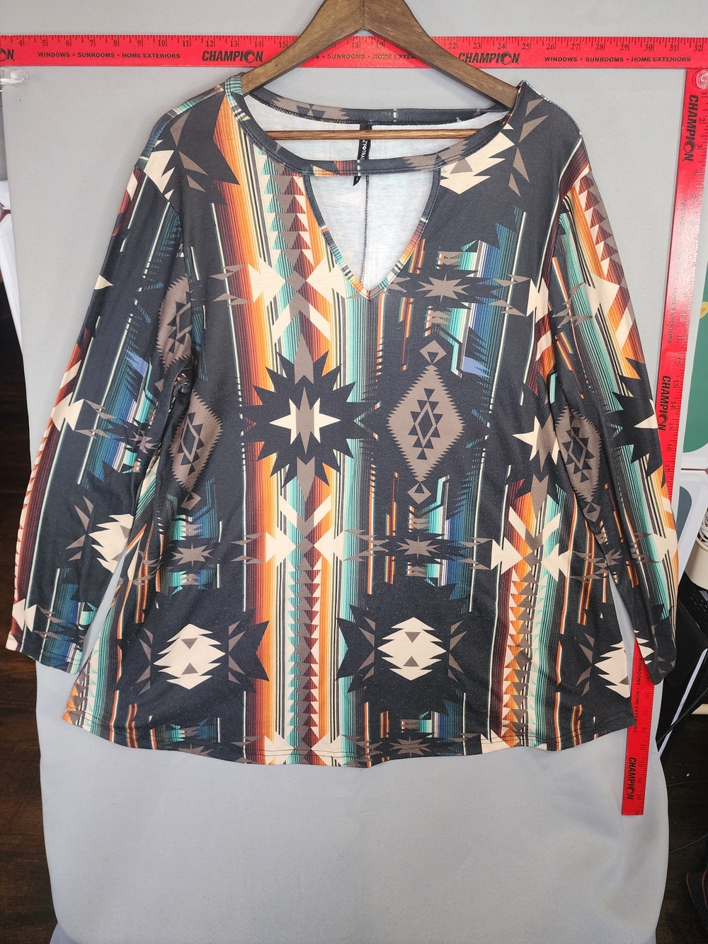 Crazy Train Multicolor Southwestern V-Neck Tunic with Teal and Rust Accents